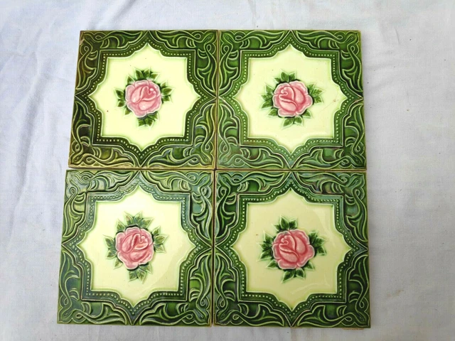 Vintage Embossed Majolica Art Nouveau Architecture Furniture Tile Japan 4 Pcs