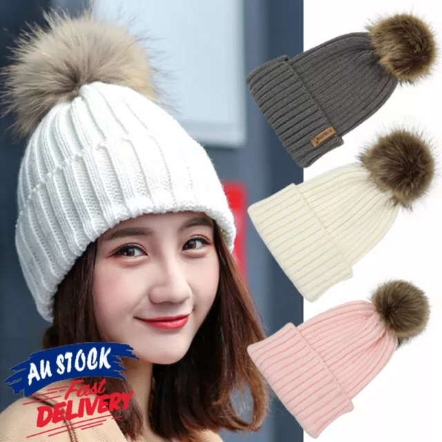 Faux Fur Bobble solid color Winter Warm Knitted Beanie Ski Hat Women POM Cap