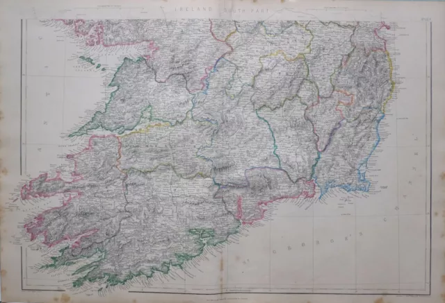 1864 Hand Coloured Map South Ireland Cork Kerry Waterford Wicklow Dublin