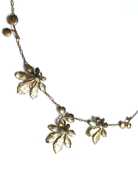 Collier Art Nouveau Ancien En Forme De Feuille De Marronnier - Bijou Vintage Végétal