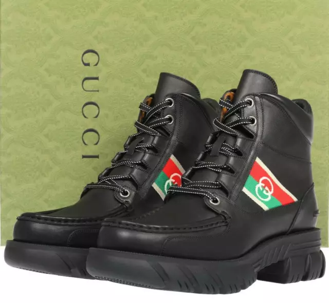 NEW GUCCI MEN'S Black Leather Interlocking Ankle Boots Shoes 7/Us 7.5 ...