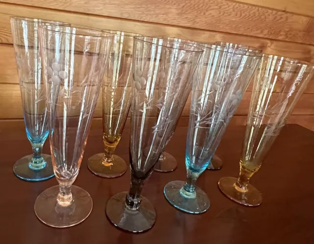 8 Harlequin Parfait Pilsner Glasses Etched Crystal Champagne Flutes