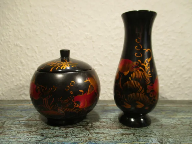 Vintage Set Vietnam Lackdose 8x8cm Lackvase 5x12cm Fische Motiv Vase Dose