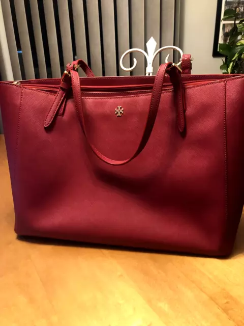 Tory Burch Large Red Saffiano Leather Laptop Tote Bag Purse