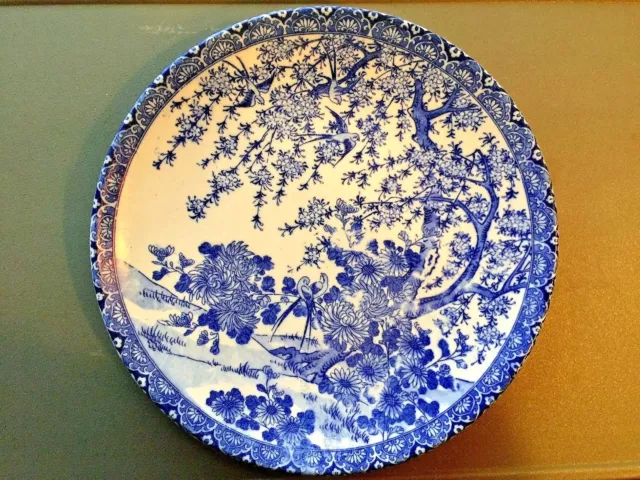 Beautiful Antique Chinese Blue On White Porcelain Plate Charger W/ Birds Marked