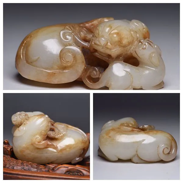 Old Chinese Natural Hetian Jade Hand Carved Exquisite Beast Statue Collectible