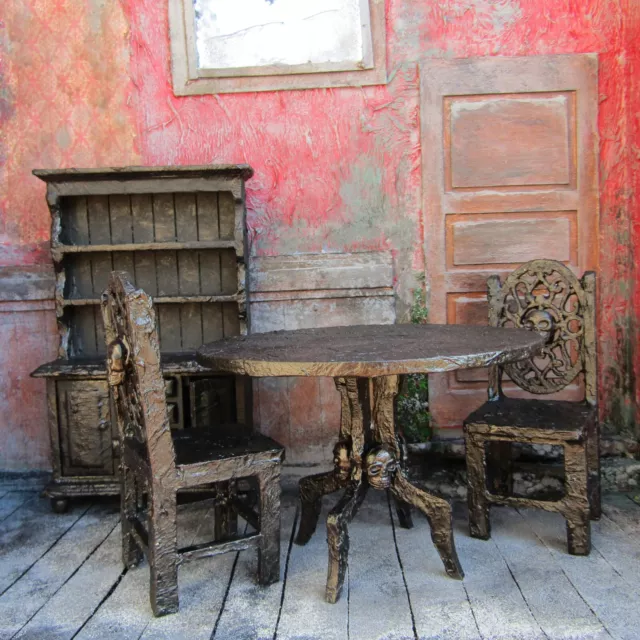Dollhouse furniture Miniature cabinet, table, chair Haunted OOAK Halloween Black