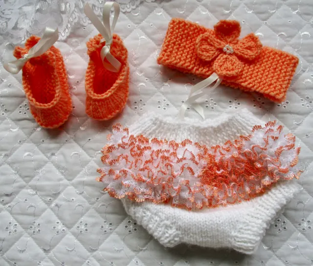 Baby Knitting Pattern Dk Lace edge Dress Headband Shoes 0-3 Months Reborn Doll 3