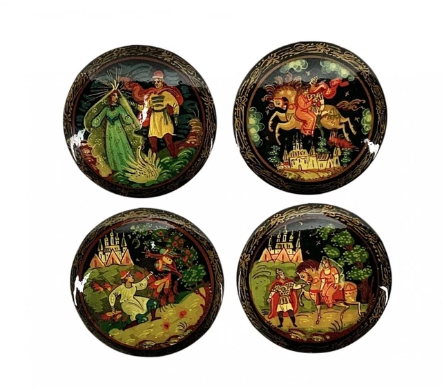 Vintage Russian Palekh Lacquered Brooches, Circa 1980s Lot of 4