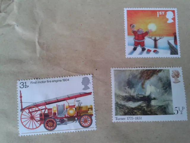 3 x GB stamps used unfranked Turner Snowstorm 1st Motor Fire Engine Briggs Santa