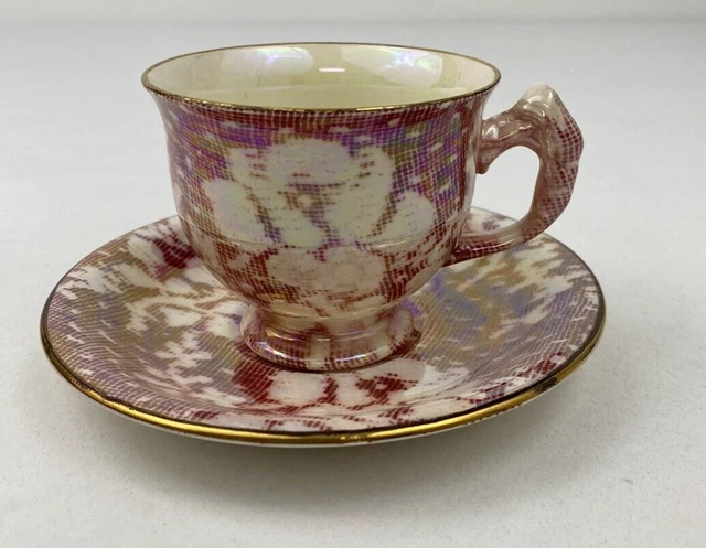 Vtg. Royal Winton Grimwades Cranberry Rose Brocade Chintz Teacup & Saucer-Luster