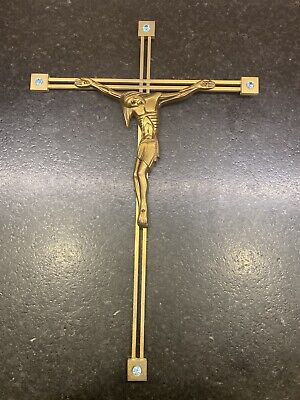 Vtg Lg. Solid Brass Crucifix with Blue Jewels Wall Hanging 20" x 13" Art Deco