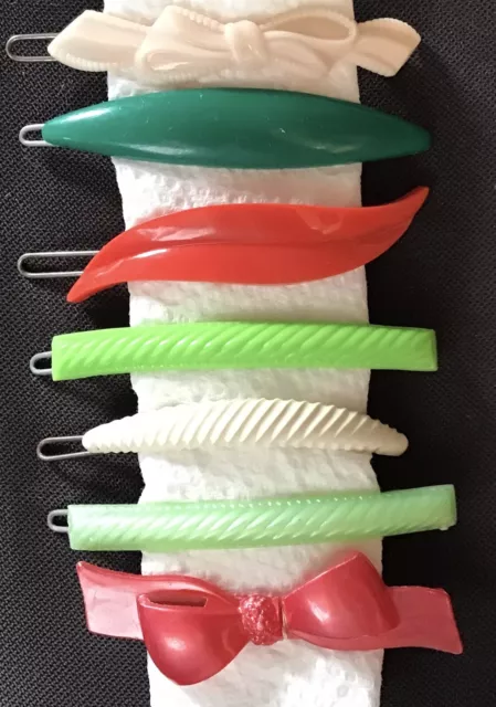 7 Vintage 1960s Plastic Barrettes with Metal Backs - Red - White - Pink - Green