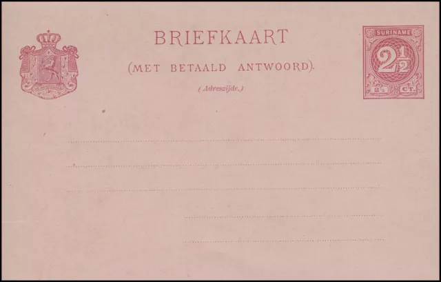 Postal de Surinam con respuesta número 2 1/2 C. / 2 1/2 C. alrededor de 1890 sin usar **
