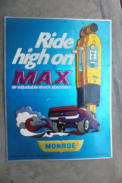 1970s Original Ride High Monroe Shocks Muscle Car Caricature Litho Metal Sign @@