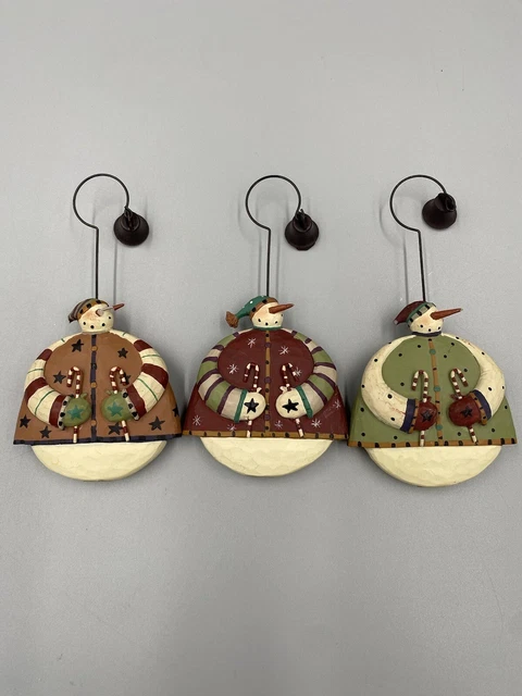 Round Snowmen Christmas Ornaments W/ Top Bells Holiday Decor Lot Of 3