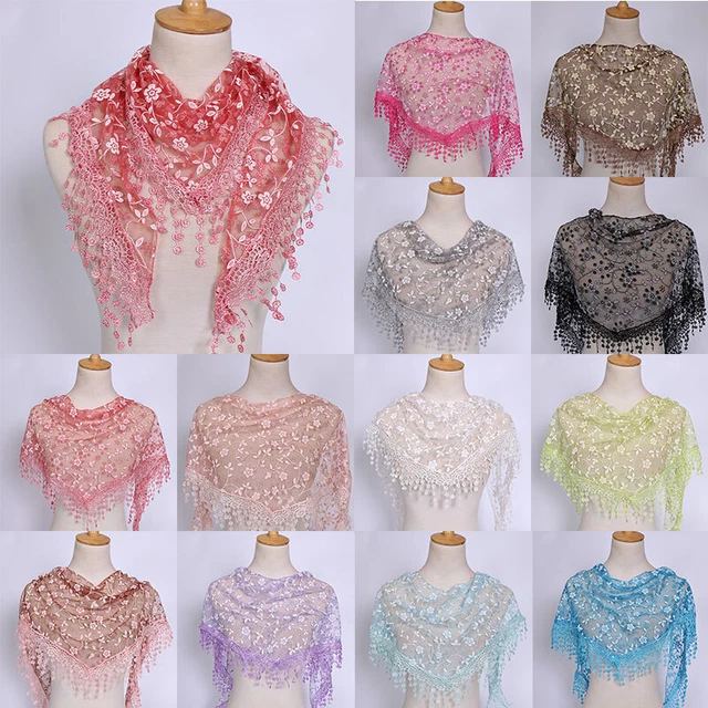 Women Lace Floral Triangle Scarf Sheer Tassel Shawl Scarves Elegant Head Wrap