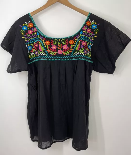 Peasant Blouse Gauze Light Weight Fabric Floral Embroidery Mexico Black SZ L