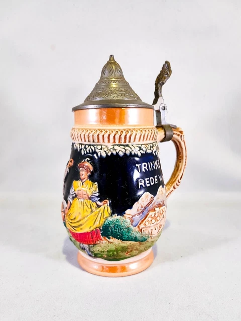 Vintage German Pewter Lidded 6" Beer Stein "Trinke Klar, Rede Wahr"