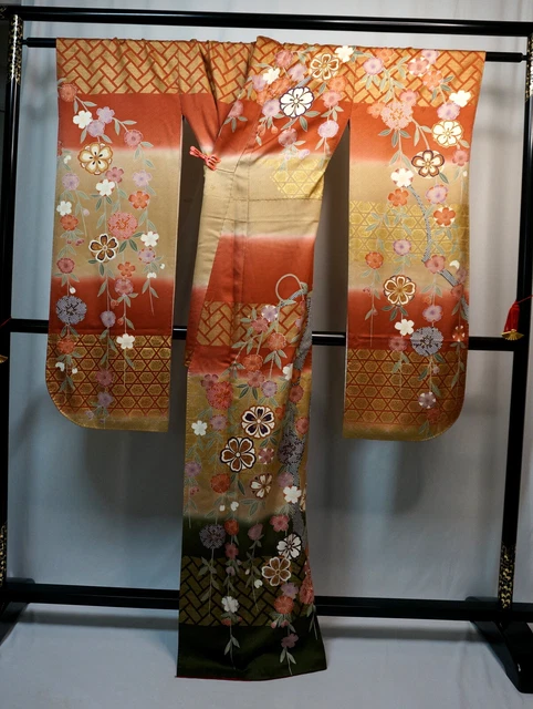 Japanese kimono SILK"FURISODE" long sleeves, Gold leaf, Weeping cherry ,65".1998