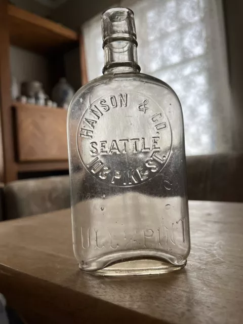Western, Full 1/2 Pint Whiskey Flask, Hanson & Co, Seattle, Wash, Washington.