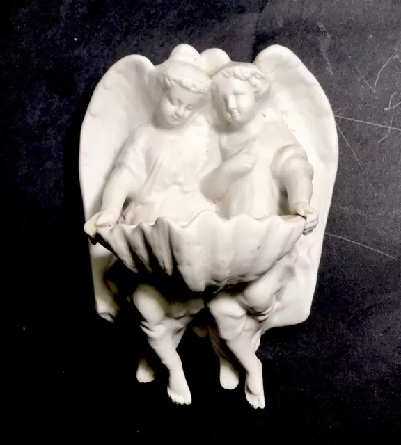 Rare Superbe   Bénitier  2 Anges En Biscuit XIXe