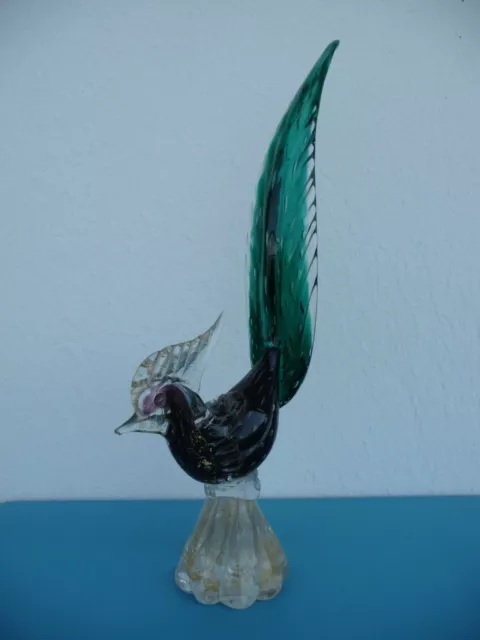Oiseau verre Murano violet vert dominent incrusté poudre or Vintage