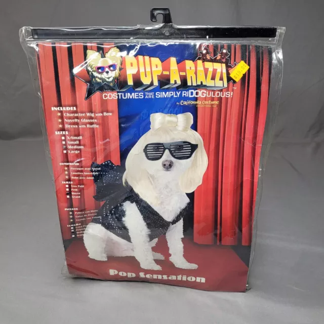 Pup-A-Razzi Pop Sensation Dog Costume Medium Halloween Dress Up Wig Glasses NOS