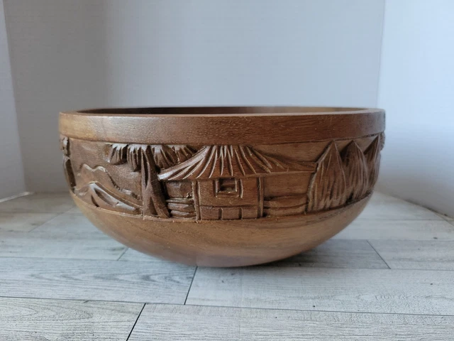 Vintage Wooden Hand Carved Salad Serving Round Bowl Oriental Palm Tiki Hut