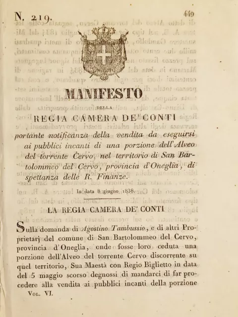 Manifesto R. Camera De Conti - Vendita porzione dell'Alveo torrente Cervo - 1838