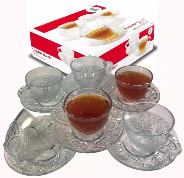 Tea Cup Set 12 Piece Cup & Saucer Set Glass Tea Party Microwave Safe Coffee