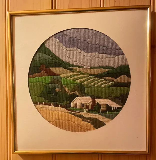 Framed Completed Farm House & fields Long Stitch, Gold frame  #20
