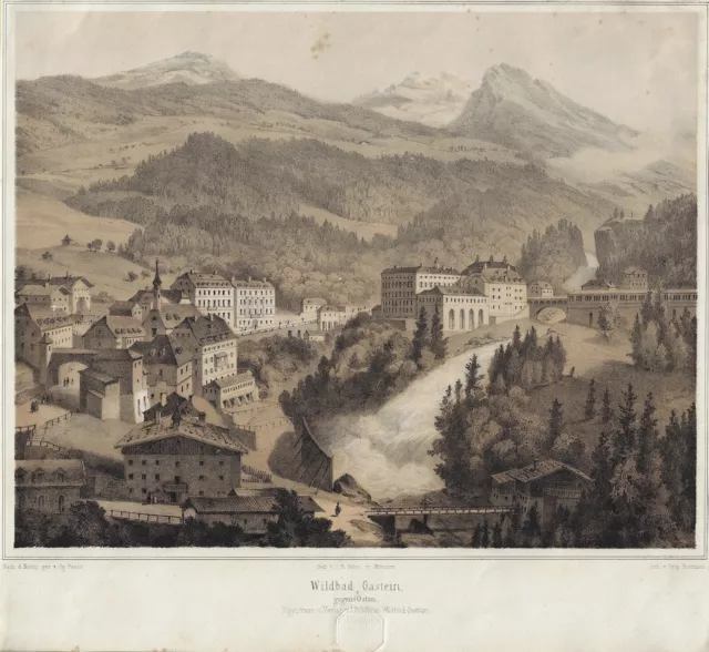 WILDBAD GASTEIN gegen Osten, Gesamtansicht um 1850, große Lithographie