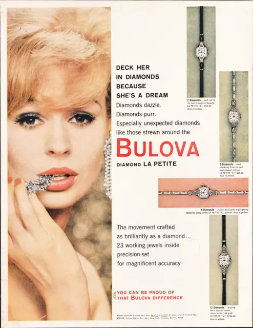 1959 Bulova Diamond La Petite Lady's Watch Vintage Print Ad Flirty Blonde Art
