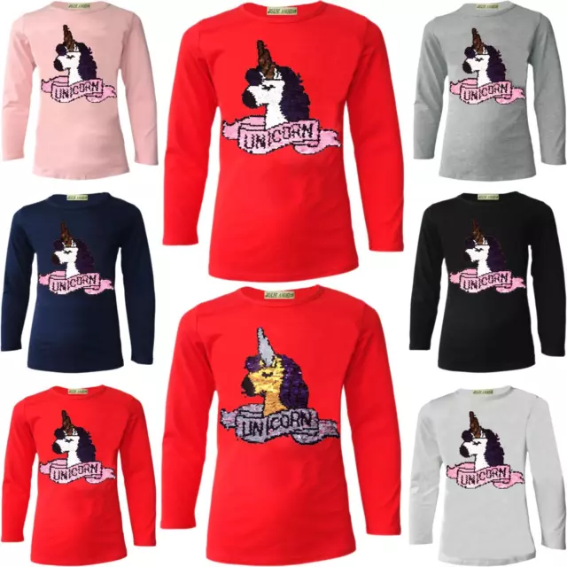 T-shirt top per ragazze unicorno con paillettes cambio spazzola manica intera nuova età 3-14 anni