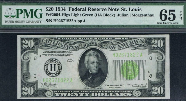 LGS. LIGHT GREEN SEAL. $20 1934 St. Louis  FRN. Fr. 2054-Hlgs. PMG 65 EPQ