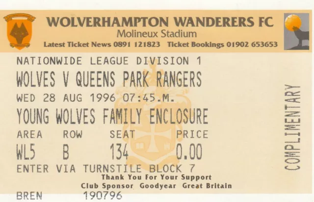 Ticket - Wolverhampton Wanderers v Queens Park Rangers 28.08.96