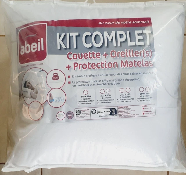 Kit neuf couette légère 200x200, 2 oreillers 60x60 et protection matelas Abeil