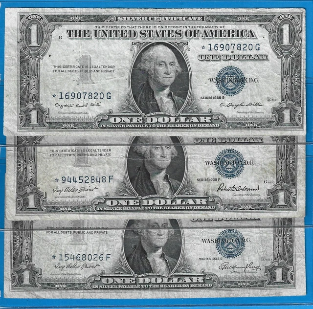 1957E/F/G $1 Silver Certificate *Star* Notes,3) Notes,Blue Seal,Circ F,Nice!