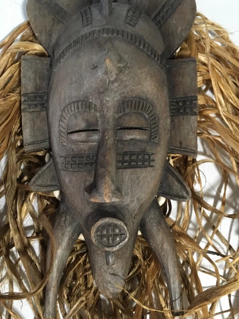 VTG wood & raffia Ivory Coast W African tribal mask bird design Senufo artists