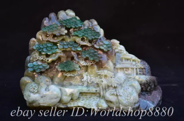 8.8" Chinese Natural Dushan Jade Carved Mountain Tree Figure Statue