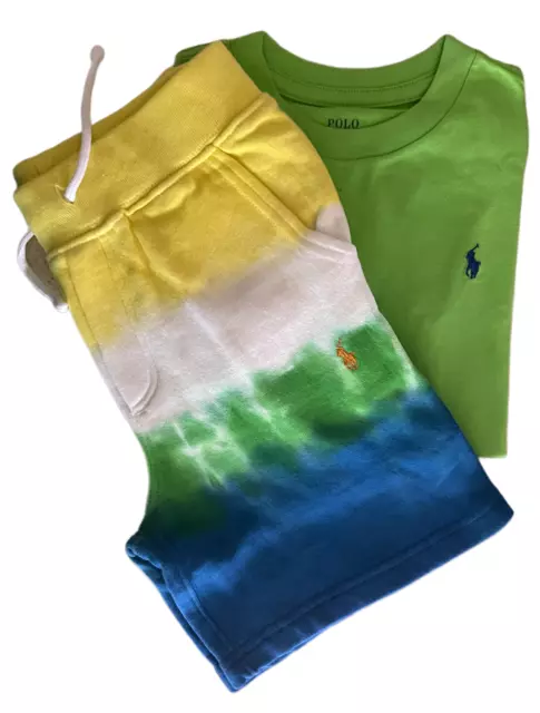 Ex Ralph Lauren Jungen grünes T-Shirt Rundhalsausschnitt 2er-Pack Krawatte Farbstoff Shorts Set Alter 4