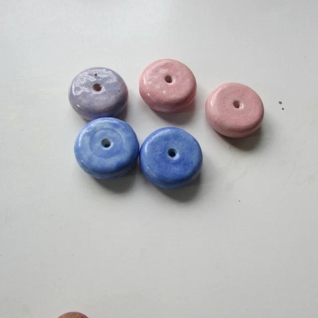 Lot of 5 Vintage 70s Pottery Glaze Ceramic Macrame Plant Hanger Beads pink blue