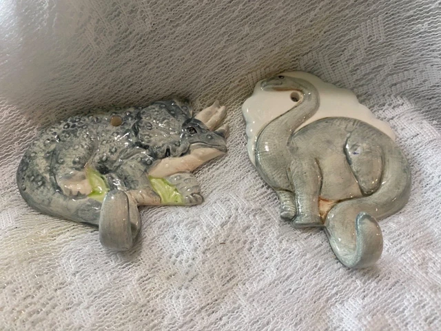 Set of 2 glazed porcelain Dinosaur Wall Coat Hooks triceratops and brachiosaurus