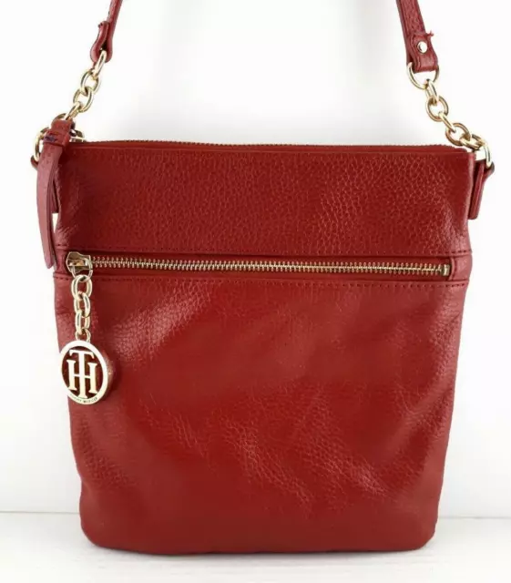 Red Pebbled Tommy Hilfiger Cross Body Bag Rust Leather Gold Tone Charm Med EUC