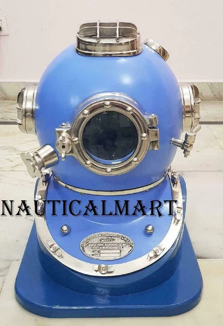 Morse Brass Diving Divers Helmet Hand Crafted BLUE Scuba U.S Navy W/ Wooden Base