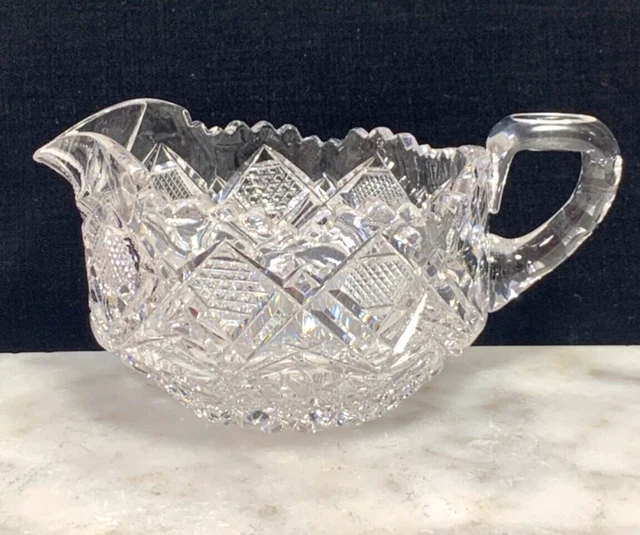 ABP American Brilliant Period Deep Cut Glass Large Creamer 6” Hobstar Sawtooth