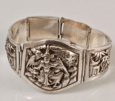Old Vintage Unique Sterling Silver Bracelet Engraved Asian Jewelry 20th Century