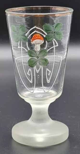 Seltenes Jugendstil Glas Fuss Becher Teeglas Glück Symbole Pilz Kleeblatt ~1920! 3