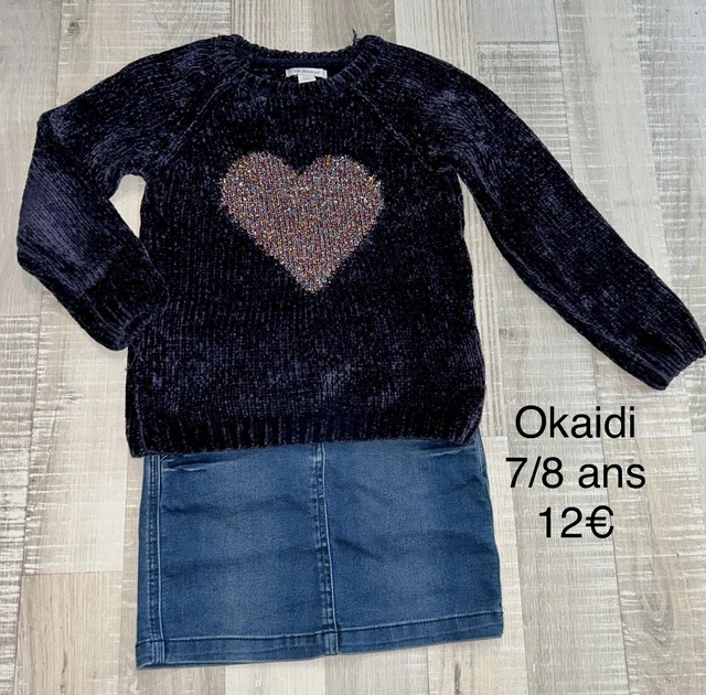 Okaidi 8 ANS Fille : ENSEMBLE pull velours coeur + jupe jean TBE